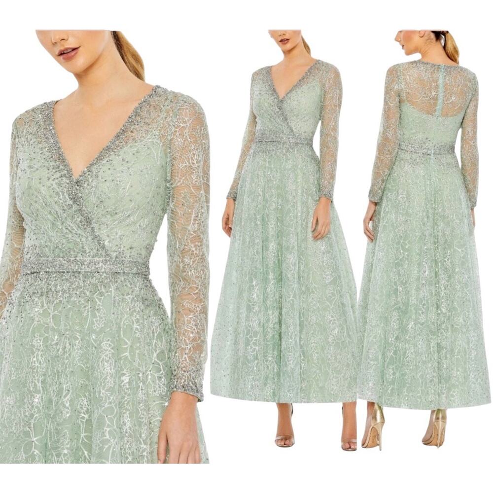 Mac Duggal 20366 Sage Wrap Bodice A-Line Tea Length Dress Size 4 $798